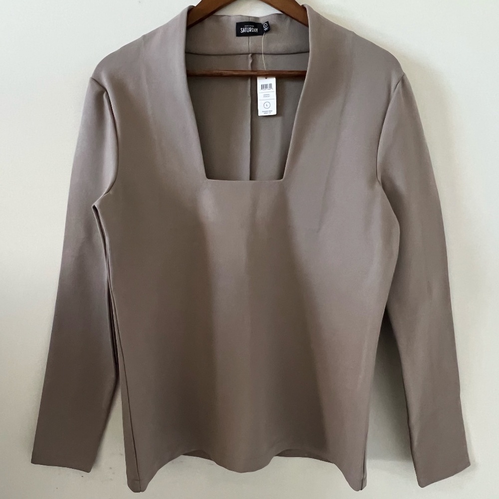 Kate Spade Saturday Square Neck Jersey Long Sleeve Shirt In Stone Size L